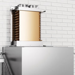 Zmywarka kapturowa - cyfrowa - 8,7 kW - z odzyskiem ciepła, detergentem, nabłyszczaczem i pompą spustową - ze stołem podawczym z lewej strony i stołem spustowym z prawej strony