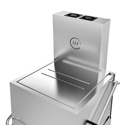 Zmywarka przepływowa - cyfrowa - 8,7 kW - z odzyskiem ciepła, pompą detergentu, płynu nabłyszczającego i wody - wraz ze stołem doprowadzającym po prawej stronie i stołem odprowadzającym po lewej stronie