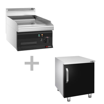 Elektryczna płyta grillowa – z powłoką z twardego chromu – 4,5 kW – gładka – wraz z podstawą z 1 drzwiami - Prime Gastro