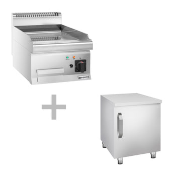 Elektryczna płyta grillowa – z powłoką z twardego chromu – 4,5 kW – gładka – wraz z podstawą z 1 drzwiami - Prime Gastro