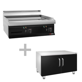 Elektryczna płyta grillowa – z powłoką z twardego chromu – 8 kW – gładka – wraz z podstawą z 2 drzwiami - Prime Gastro