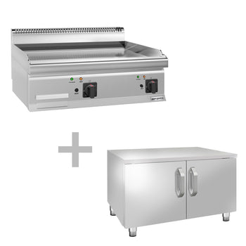 Elektryczna płyta grillowa – z powłoką z twardego chromu – 8 kW – gładka – wraz z podstawą z 2 drzwiami - Prime Gastro