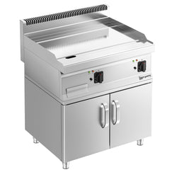 Płyta grillowa elektryczna - chromowana - 8kW - Gładka - na podstawie z szafką - z szafką z 2 drzwiami - Powierzchnia: 795x535mm