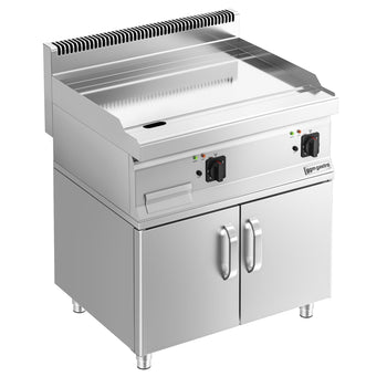 Płyta grillowa elektryczna - chromowana - 8kW - Gładka - na podstawie z szafką - z szafką z 2 drzwiami - Powierzchnia: 795x535mm