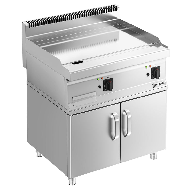 Płyta grillowa elektryczna - chromowana - 8kW - Gładka - na podstawie z szafką - z szafką z 2 drzwiami - Powierzchnia: 795x535mm