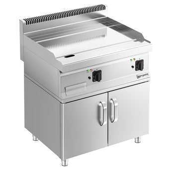 Płyta grillowa elektryczna - chromowana - 8kW - Gładka - na podstawie z szafką - z szafką z 2 drzwiami - Powierzchnia: 795x535mm