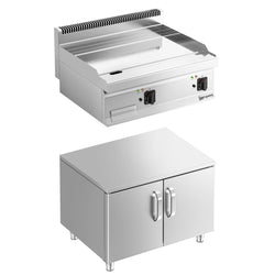 Płyta grillowa elektryczna - chromowana - 9kW - Gładka - Powierzchnia: 595x500mm - na podstawie z szafką - z szafką z 2 drzwiami