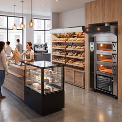 Piec piekarniczy piętrowy - elektryczny - dotykowy - 3 komory pieczenia - 2x EN 600x400 lub 1x 800x600 na komorę - z okapem & komorą rozrostu