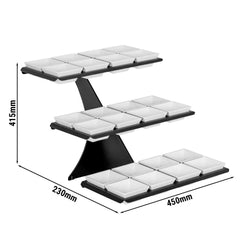 Stojak bufetowy - 3 - poziomowy - Czarny - stal nierdzewna malowana proszkowo i melamina - Wys.: 420mm - z 24 miseczkami melaminowymi - w zestawie 24 miseczkami melaminowymi - Prostokątny