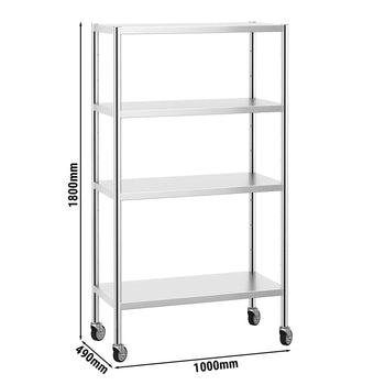 Półka ze stali nierdzewnej PREMIUM - 1000x500mm - z 4 półkami (REGULOWANYMI) - włącznie z 4 kółkami - Prime Gastro