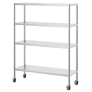 Półka ze stali nierdzewnej PREMIUM - 1400x490 mm - z 4 półkami (REGULOWANY) - włącznie z 4 kółkami - Prime Gastro