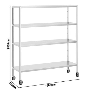 Półka ze stali nierdzewnej PREMIUM - 1600x500 mm - z 4 półkami (REGULOWANY) - włącznie z 4 kółkami - Prime Gastro