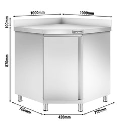 Narożna szafka robocza ze stali nierdzewnej PREMIUM z drzwiami na zawiasach i panelem tylnym 1000x700 mm