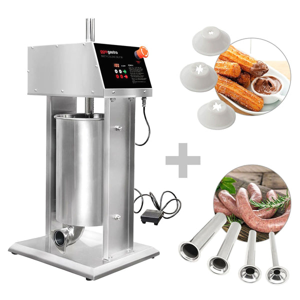 Elektryczna maszynka do nadziewania kiełbasek i churros – 15 litrów – 90 W – stal nierdzewna – w zestawie 4 nasadki do nadziewania kiełbasek i 3 nasadki do churros