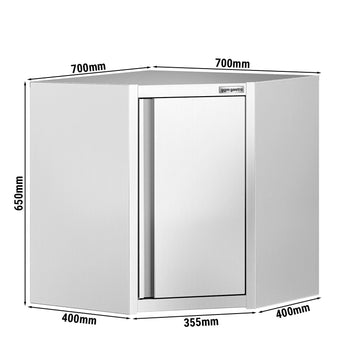 Narożna szafka naścienna ze stali nierdzewnej – 700 x 700 mm – z drzwiami skrzydłowymi – wysokość: 650 mm