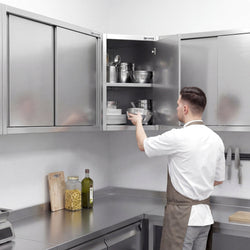 Narożna szafka wisząca ze stali nierdzewnej – 700 x 700 mm – z drzwiami skrzydłowymi – wysokość: 1000 mm