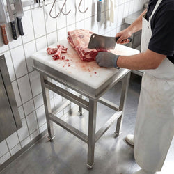 Kloc masarski z polietylenu (PE 500) - 500x500x80mm - z podstawą ze stali nierdzewnej