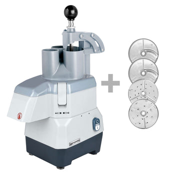 Elektryczna kompaktowa krajalnica do warzyw - 735 W - włącznie z 4 tarczami do krojenia/tarcia - pokrywa na zawiasach - Prime Gastro