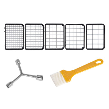 Elektryczna krajalnica do warzyw – 200 W – w zestawie tarcza tnąca 4 mm i 5 sit do krojenia w kostkę - Prime Gastro