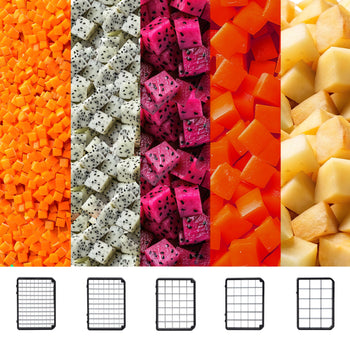 Elektryczna krajalnica do warzyw – 200 W – w zestawie tarcza tnąca 4 mm i 5 sit do krojenia w kostkę - Prime Gastro