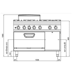 Kuchenka gazowa – 60 kW – 6 palników – wraz z piekarnikiem gazowym statycznym – 7,8 kW – model o dużej mocy