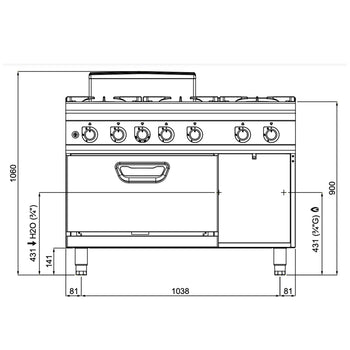 Kuchenka gazowa - 60 kW - włącznie z 6 palnikami - z piekarnikiem gazowym - 7,8 kW - model o wysokiej wydajności - Prime Gastro