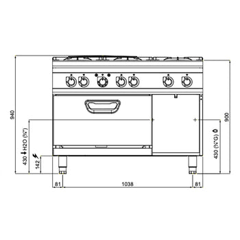 Gazowa kuchenka - z 6 palnikami - 44 kW - włącznie z piekarnikiem elektrycznym - 4,68 kW - Prime Gastro