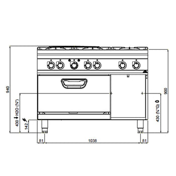 Kuchenka gazowa - 60 kW - 6 palnikowa - z piekarnikiem elektrycznym - 4,68 kW - model o wysokiej wydajności - Prime Gastro