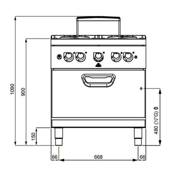 Płyta gazowa - 24 kW - 4 palnikowa - włącznie z piekarnikiem gazowym - 7,8 kW - Prime Gastro
