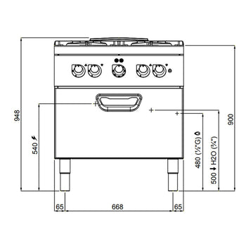 Płyta gazowa - 24 kW - 4 palniki - włącznie z piekarnikiem elektrycznym - 4,7 kW - Prime Gastro