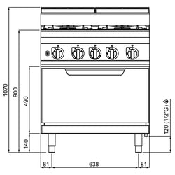 Kuchenka gazowa – 21,5 kW – 4 palniki – wraz z piekarnikiem gazowym statycznym – 7,8 kW