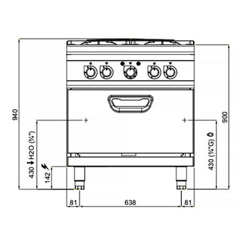 Gazowa kuchenka - z 4 palnikami - 28 kW - włącznie z piekarnikiem elektrycznym - 4,68 kW - Prime Gastro
