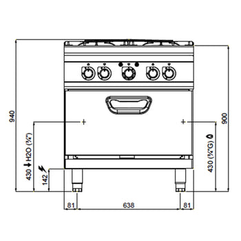 Kuchenka gazowa - 40 kW - 4 palnikowa - z piekarnikiem elektrycznym - 4, 68 kW - model wysokiej wydajności - Prime Gastro