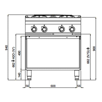 Gazowa kuchenka - z 4 palnikami - 40 kW - model o wysokiej wydajności - Prime Gastro