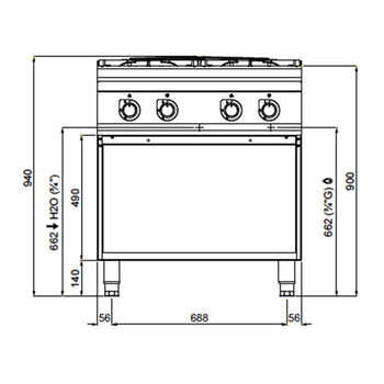 Kuchenka gazowa - 28 kW	- 4 palnikowa - Prime Gastro