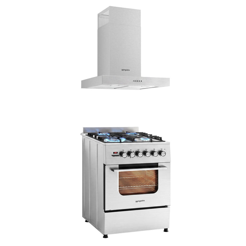 Kuchenka gazowa – 8,4 kW – 4 palniki – z piekarnikiem elektrycznym – 3,85 kW i okapem z cyrkulacją powietrza