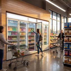 Szafa chłodnicza przeszklona PREMIUM - 358L - 595mm - bezramowe drzwi - 1‑drzwiowa, drzwi skrzydłowe, drzwi szklane - z podświetlanym panelem reklamowym - oświetlenie LED - cyfrowy wyświetlacz temperatury - 1–10°C