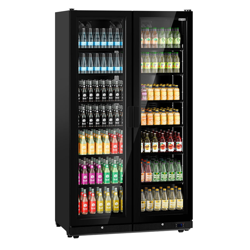 Szafa chłodnicza przeszklona PREMIUM - 760L-1200mm - bezramowe drzwi - 2‑drzwiowa, drzwi skrzydłowe, drzwi szklane - oświetlenie LED - cyfrowy wyświetlacz temperatury - Czarna - Dla PL - 0–7°C