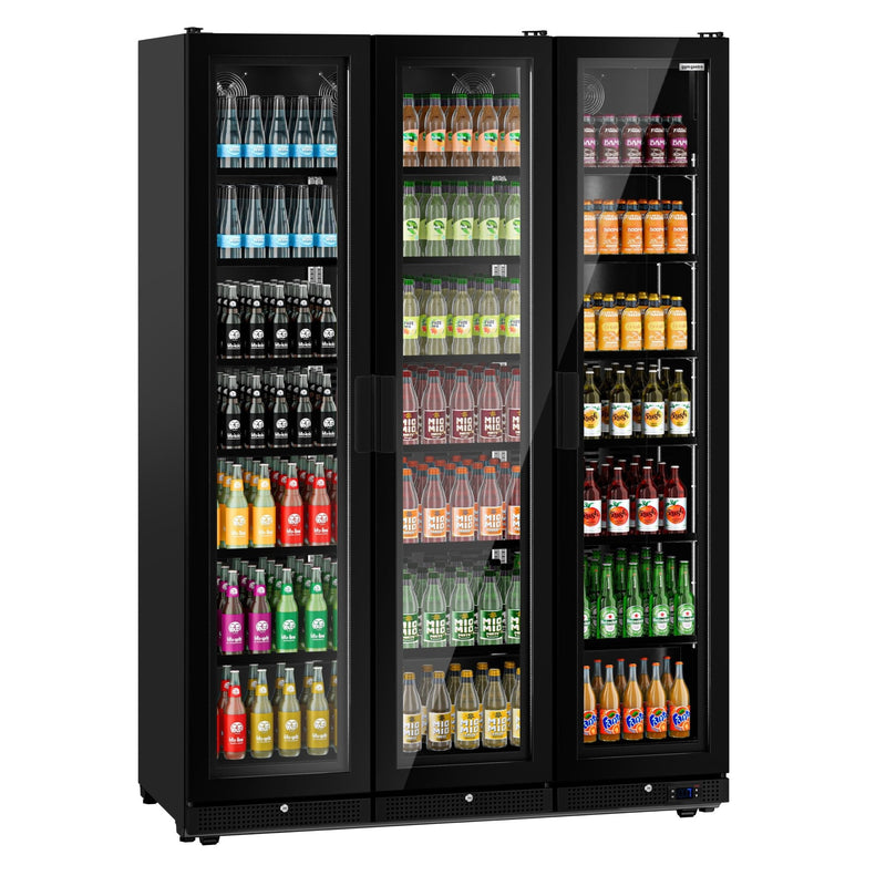 Szafa chłodnicza przeszklona PREMIUM - 1552L- 1500mm - bezramowe drzwi - 3‑drzwiowa, drzwi skrzydłowe, drzwi szklane - oświetlenie LED - cyfrowy wyświetlacz temperatury - Czarna - Dla PL - 0–7°C