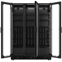 Szafa chłodnicza przeszklona PREMIUM - 1552L- 1500mm - bezramowe drzwi - 3‑drzwiowa, drzwi skrzydłowe, drzwi szklane - oświetlenie LED - cyfrowy wyświetlacz temperatury - Czarna - Dla PL - 0–7°C