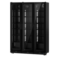 Szafa chłodnicza przeszklona PREMIUM - 1552L- 1500mm - bezramowe drzwi - 3‑drzwiowa, drzwi skrzydłowe, drzwi szklane - oświetlenie LED - cyfrowy wyświetlacz temperatury - Czarna - Dla PL - 0–7°C