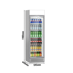 Szafa chłodnicza przeszklona PREMIUM - 358L - 595mm - bezramowe drzwi - 1‑drzwiowa, drzwi skrzydłowe, drzwi szklane - z podświetlanym panelem reklamowym - oświetlenie LED - cyfrowy wyświetlacz temperatury - 1–10°C