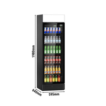 Szafa chłodnicza przeszklona PREMIUM - 145L - 595mm - bezramowe drzwi - z podświetlanym panelem reklamowym - oświetlenie LED - Czarna - Dla PL - 1–10°C