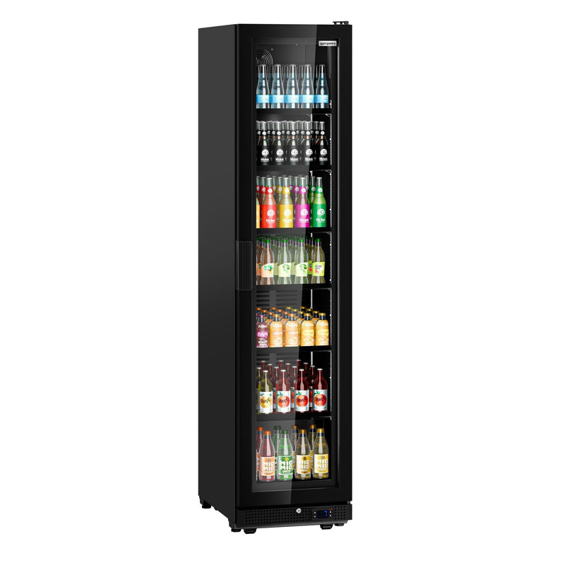 Szafa chłodnicza przeszklona PREMIUM - 463L- 500mm - bezramowe drzwi - 1‑drzwiowa, drzwi skrzydłowe, drzwi szklane - oświetlenie LED - cyfrowy wyświetlacz temperatury - Czarna - Dla PL - 0–7°C