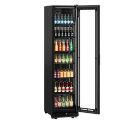 Szafa chłodnicza przeszklona PREMIUM - 463L- 500mm - bezramowe drzwi - 1‑drzwiowa, drzwi skrzydłowe, drzwi szklane - oświetlenie LED - cyfrowy wyświetlacz temperatury - Czarna - Dla PL - 0–7°C