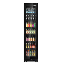 Szafa chłodnicza przeszklona PREMIUM - 463L- 500mm - bezramowe drzwi - 1‑drzwiowa, drzwi skrzydłowe, drzwi szklane - oświetlenie LED - cyfrowy wyświetlacz temperatury - Czarna - Dla PL - 0–7°C