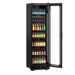 Szafa chłodnicza przeszklona PREMIUM - 355L-595mm - bezramowe drzwi - 1-drzwiowa, drzwi skrzydłowe, drzwi szklane - oświetlenie LED - sterowanie elektroniczne - cyfrowy wyświetlacz temperatury - Czarna - Dla PL - 0–7°C