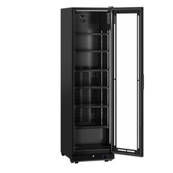 Szafa chłodnicza przeszklona PREMIUM - 355L-595mm - bezramowe drzwi - 1-drzwiowa, drzwi skrzydłowe, drzwi szklane - oświetlenie LED - sterowanie elektroniczne - cyfrowy wyświetlacz temperatury - Czarna - Dla PL - 0–7°C