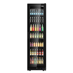 Szafa chłodnicza przeszklona PREMIUM - 355L-595mm - bezramowe drzwi - 1-drzwiowa, drzwi skrzydłowe, drzwi szklane - oświetlenie LED - sterowanie elektroniczne - cyfrowy wyświetlacz temperatury - Czarna - Dla PL - 0–7°C