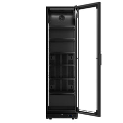 Szafa chłodnicza przeszklona PREMIUM - 355L-595mm - bezramowe drzwi - 1-drzwiowa, drzwi skrzydłowe, drzwi szklane - oświetlenie LED - sterowanie elektroniczne - cyfrowy wyświetlacz temperatury - Czarna - Dla PL - 0–7°C